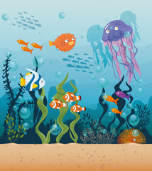 Fototapeta na wymiar jellyfish with fishes wild marine animals in ocean, sea world dwellers, cute underwater creatures,habitat marine concept vector illustration design