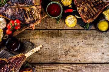 Set of various grilled meat, different beef steaks with sauces.Bbq beef steaks - chateau mignon,...