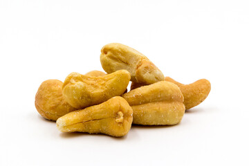 Roasted salted cashew nuts isolated on white background