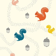 Seamless pattern with squirrels, nuts and paths.