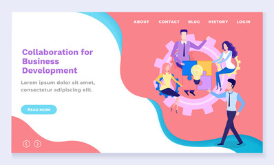 Business development collaboration or co-working web landing page vector. Startup planning, success and teamwork internet page template. Business project or startup issue to get progress illustration