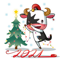 Cute bull decorates a Christmas tree. symbol of the year 2021