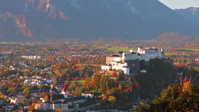 Superb autumn view of Old town of Salzburg. Colorful morning cityscape of Salzburg with Hohensalzburg Castle on background. Austria, Europe. Full HD video (High Definition).