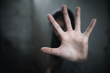 Woman hand sign for stop abusing violence,  human trafficking, stop violence against women, Human...