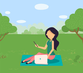 Woman sitting on rug on grass in park and working with laptop on fresh air. Girl with smartphone and computer outdoors, freelancer character vector illustration