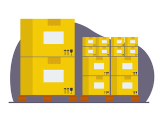 Flat vector illustration: wooden pallet with cardboard boxes. Goods are packaged for storage or delivery.