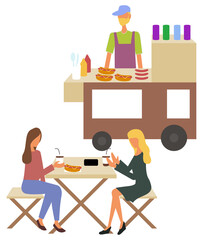 Women sitting at table and eating hotdog and drinking coffee, seller male standing near cart with meal. Marketplace with fastfood and drink, market vector