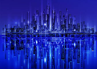 Night city skyline with neon glow and reflection in water. Illustration with architecture, skyscrapers, megapolis, buildings, downtown.