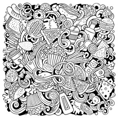 Fastfood hand drawn vector doodles illustration. Fast food poster design.