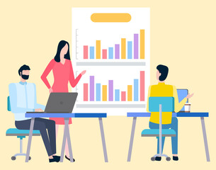 Man and woman brokers analyzing trades and discussing statistics of sales on business chart. Vector cartoon people and graphs and diagrams on board