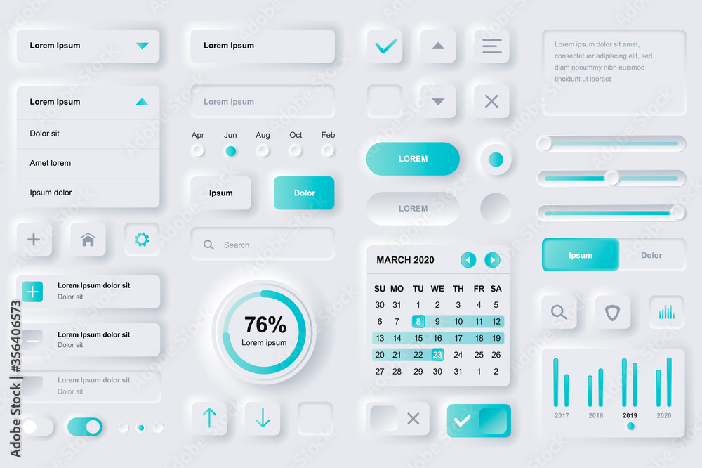 Poster User interface elements for finance mobile app. Financial analytics, time management and planning gui templates. Unique neumorphic ui ux design kit. Manage, navigation, search form and components.