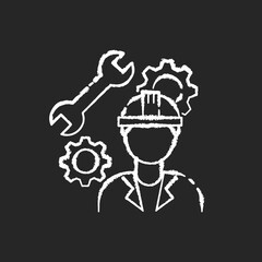 Mechanical engineer chalk white icon on black background. Professional repairman. Technician to work in facility on heavy machinery. Manufacturing work. Isolated vector chalkboard illustration