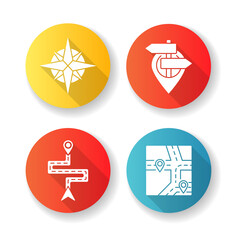 Navigation flat design long shadow glyph icons set. Modern land and marine navigation. Rose of winds, location pointer, route navigator and GPS map. Silhouette RGB color illustration