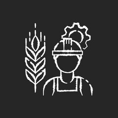 Agricultural engineer chalk white icon on black background. Manufacturing worker to work in agribusiness. Crop cultivation specialist. Farmer worker. Isolated vector chalkboard illustration