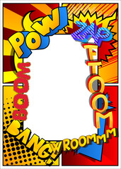 Vector pop-art style comic book page template background with explosions, halftone effects and rays.