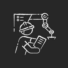 Project engineer chalk white icon on black background. Professional worker for heavy production. Management in facility. Development of machinery. Isolated vector chalkboard illustration