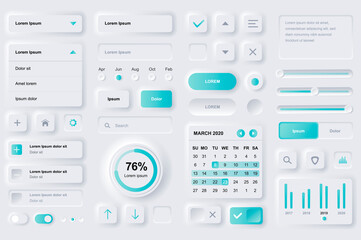 User interface elements for finance mobile app. Financial analytics, time management and planning gui templates. Unique neumorphic ui ux design kit. Manage, navigation, search form and components. - obrazy, fototapety, plakaty