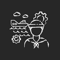 Marine engineer chalk white icon on black background. Nautical production. Professional sailor for steering system maintenance. Job on ocean vessel. Isolated vector chalkboard illustration
