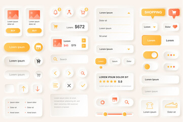 User interface elements for shopping mobile app. Shopping platform navigation, product rating and price gui templates. Unique neumorphic ui ux design kit. Manage, search and payment form and component