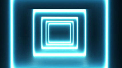 blue neon tunnel of shining square shapes moves towards the camera. Futuristic rhythmic concept on a black background