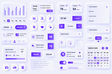 User interface elements for medical mobile app. Diagnosis and treatment, pharmacy store and laboratory gui templates. Unique neumorphic ui ux design kit. Manage, navigation, search form and components - obrazy, fototapety, plakaty