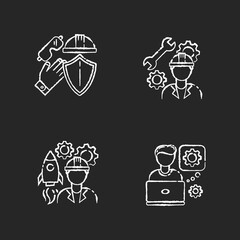 Engineer labor chalk white icons set on black background. Safety gear for heavy manufacturing work. Mechanical professional for machinery maintenance. Isolated vector chalkboard illustrations