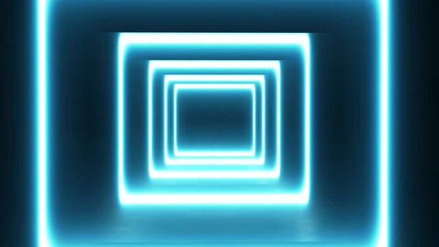 Blue Neon Tunnel Of Shining Square Shapes Moves Towards The Camera. Futuristic Rhythmic Concept On A Black Background