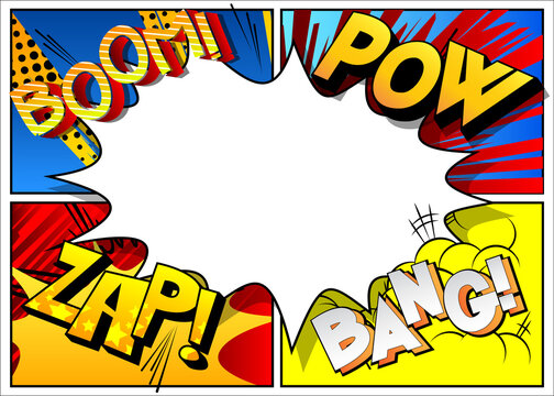 Vector pop-art style comic book page template background with explosions, halftone effects and rays.