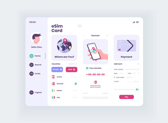 Esim connection tablet interface vector template. Mobile app page day mode design layout. Wireless network services screen. Flat UI for application. Operator service. Portable device display