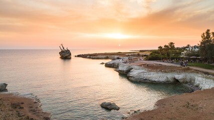 Aerial bird’s eye view of the abandoned ship wreck EDRO III in Pegeia, Paphos, Cyprus from above...
