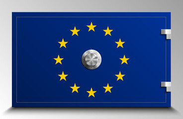 strongbox with Combination Lock isolated with the flag of the European Union. Security sign