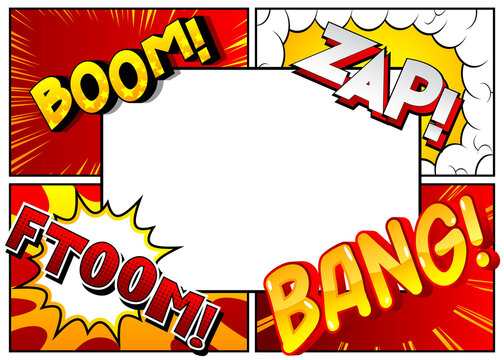 Vector pop-art style comic book page template background with explosions, halftone effects and rays.
