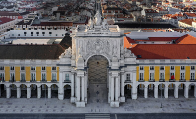 Aerial photo of the Rua Augusta is a famous street in downtown Lisbon, in Portugal, starting at the famous triumphal arch, connecting Praça do Comércio