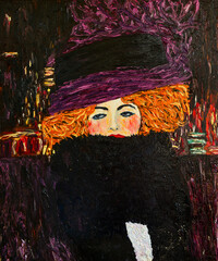 Oil painting on canvas. A beautiful red-haired girl. Free copy based on Klimt's famous painting - A Lady in a Hat and Feather Boa