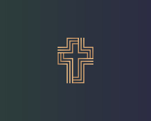 Abstract Christian linear gold gradient cross logo isolated on a dark background. Universal vector church religion faith sign simbol logotype