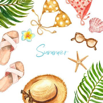 Watercolor summer clothes and bicycle set. Hand painted fashion striped beachwear and accessories for beach. Women swimsuit, blue cruiser, sunglasses, straw hat, palm leaf, sea shell, isolated.