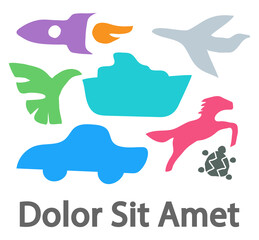 Collection of handwritten decorative design elements hand drawn in trendy style-movement, animals, modes of transport sample text. Colorful vector illustration for T-shirt print, poster, cover ect.