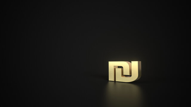 New Shequel Golden lettering on a reflective floor with black background and space for text. Side Perspective.