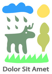 Collection of handwritten decorative colorful design elements hand drawn in trendy style-cloud, sun, rain, elk, tree, grass sample text. Colorful vector illustration for T-shirt print, poster, ect.