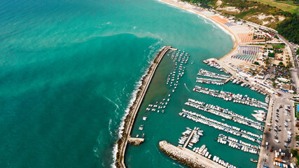 Aerial drone photo of luxury sail boats and yachts docked