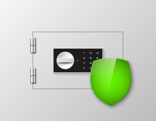 safe shield image. Armored box background. Door bank vault & mechanical combination lock. Reliable Data Protection. Long-term savings. Deposit box shield icon.Protection of personal information