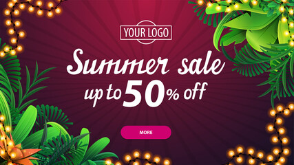 Summer sale, up to 50% off, pink discount banner with frame of tropical leaves, lettering, pink button and garland frame on pink background