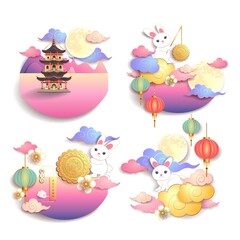 Mid autumn festival / Chinese festival with the moon, moon cake, cloud, pagoda, lantern, rabbits and flowers on white paper. Vector illustration