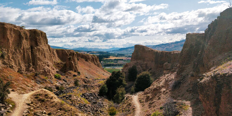 View from the ancient gold mine Bannockburn, New Zealand on a cloudy day
