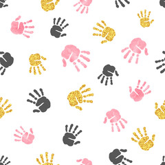 Fototapeta premium Seamless pattern with kids palm hand prints. Baby shower vector illustration.