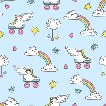 Seamless pattern with roller skates and rainbows. Textile, fabric, fashion print design. © Afanasia