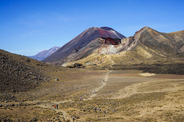 View of Tongariro Alpine Crossing with hikers on the trail