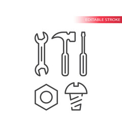 Spanner or wrench, bolt, nut and screwdriver hardware tools thin line icon set. Outline, editable stroke.
