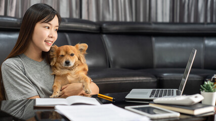 beautiful young asian woman working remotely from home and smiling while lying, has good relationships with with a funny assistant dog pet, home work pets concept.