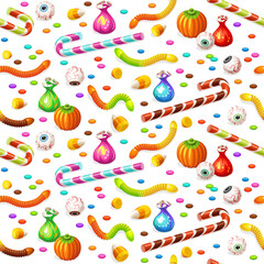 Seamless pattern with colorful Halloween sweets for children: candy, chocolate, jelly isolated on white background.